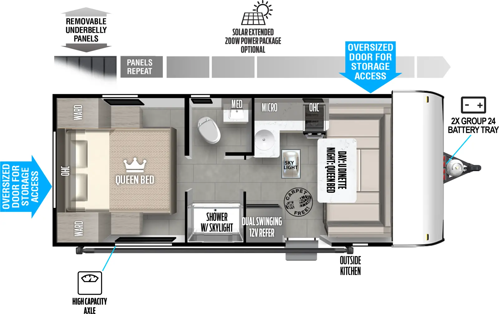 The Salem FSX 161QK floorplan has one entry and zero slide outs. Exterior features include: fiberglass exterior, 15' awning and outside kitchen. Interiors features include: u-dinette and pass through bathroom.